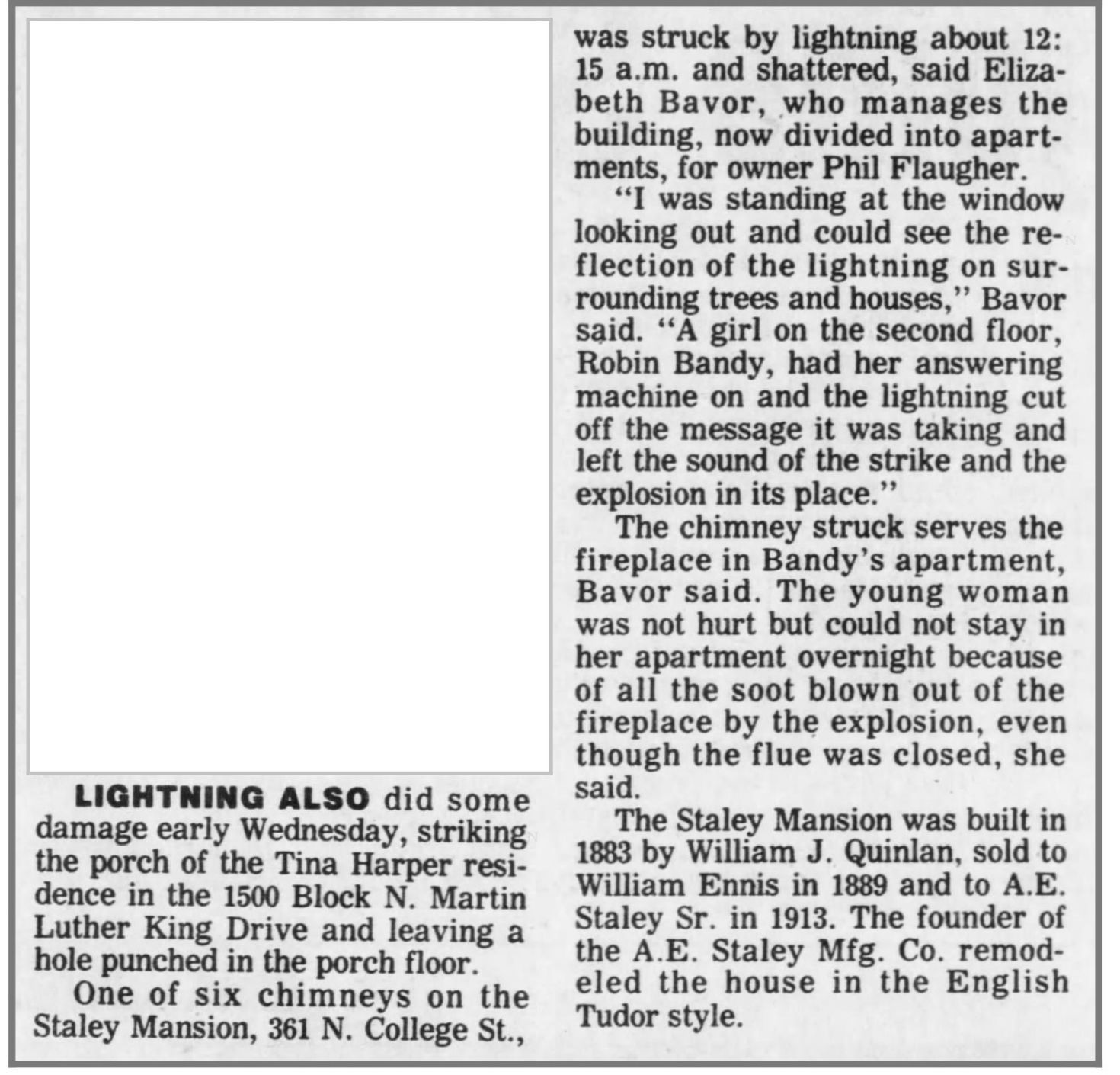Staley Mansion lightning, 1990 archive